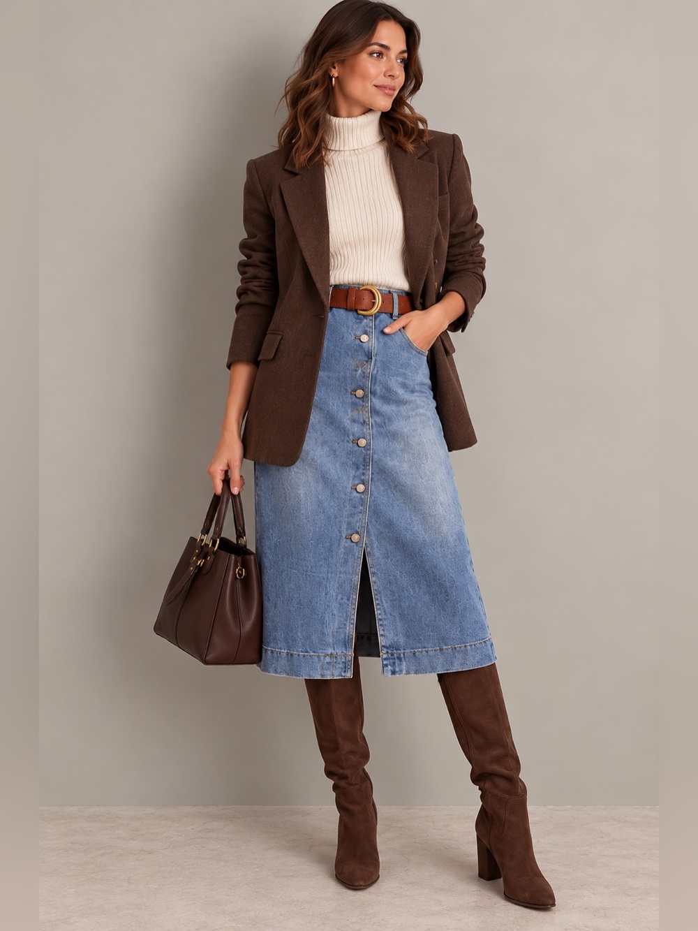 One 5 One Denim Midi Skirt, size medium.